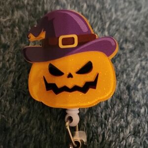 ID BADGE ACRYLIC GLITTER ALLIGATOR CLIP, HALLOWEEN DESIGN PUMPKIN